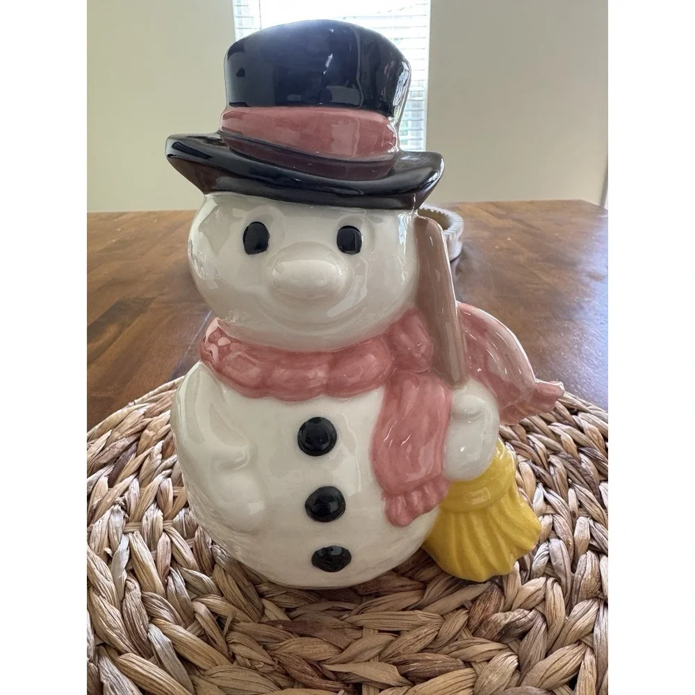 Care Inc 1976 Vintage Ceramic Snowman Figure Top Hat Pink Scarf Broom 9.5in